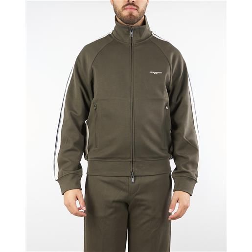 EMPORIO ARMANI felpa verde full zip in jersey con bande a contrasto