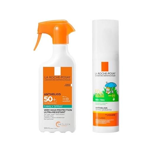La Roche-Posay anthelios spray famiglia spf50+ 300 ml + anthelios dopolatte bebè 50 ml | protezione solare corpo e cura dopo sole per pelle sensibile, resistente ad acqua