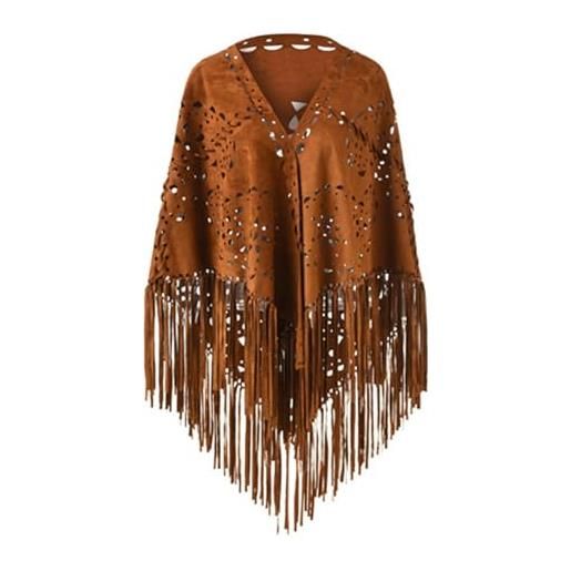 Generic 2025 inverno autunno donne sciolte frange scamosciate aperto mantello poncho sciarpa con motivo punch frange graziose scialle dropshipping, marrone, taglia unica