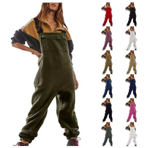 Generic salopette da donna in pile vestibilità ampia cinghie regolabili tuta tinta unita con tasche tuta lunga termica pantaloni tuta invernale comoda salopette da donna salopette da donna salopette oversize, 