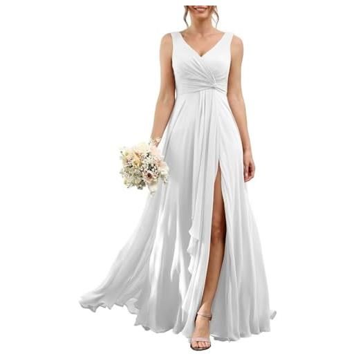YIANN abito da damigella d'onore da donna in chiffon con spacco per festa di nozze pieghettato scollo a v lungo abito da sera formale, bianco, 44