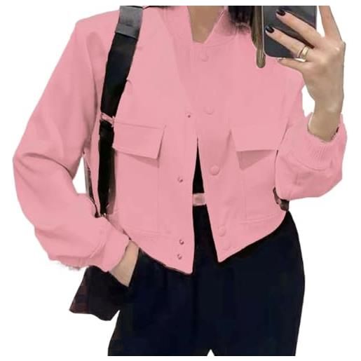 Suncadmious donna ritagliato bomber giacca button down varsity giacche shackets con tasche (rosa, l)
