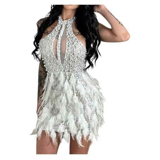Foweknow - abito da donna per feste, sexy, monocromatico con piume, aderente, elegante, a maniche lunghe, abito natalizio, da cocktail, da cerimonia, mini abito, bianco, s