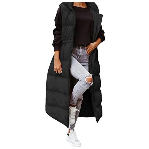 Generic gilet da corsa da donna invernale senza maniche gilet lungo con cappuccio caldo piumino con tasche giacca trapuntata da esterno con cerniera gilet lungo camicia da donna, nero , xxl