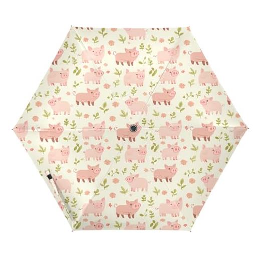 famyily ombrello pieghevole con motivo maiale e erba pesca;Parasole automatico, apertura e chiusura facile;Per esterni, 99,1 cm