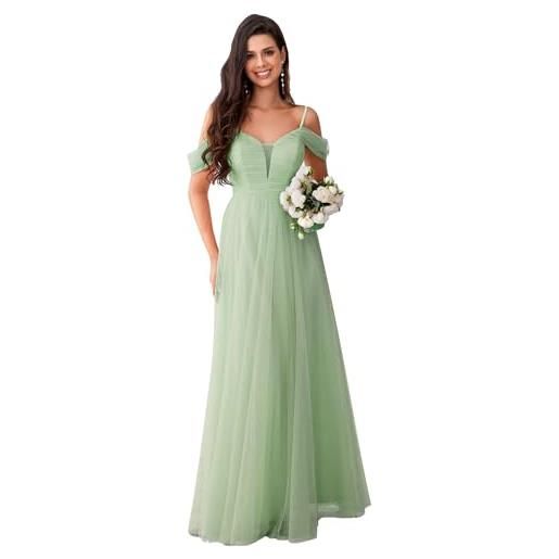 Ever-Pretty abito cerimonia donna lunghi elegante tulle a maniche corta abito da sera scollo a v vestito damigialle rosa 40