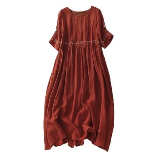 Bqxxdeo vintage ricamo cotone lino abiti estate o collo manica corta lungo a-line vestito donne midi vestidos, rosso, m