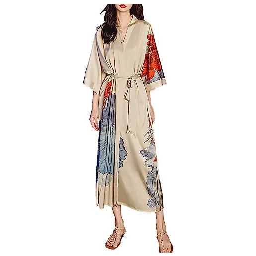 Generic vestaglia da donna in stile kimono, leggera e lunga, in raso, elegante vestaglia con stampa giapponese, comoda vestaglia da salotto, ideale per occasioni speciali, regalo perfetto per le donne, beige, 