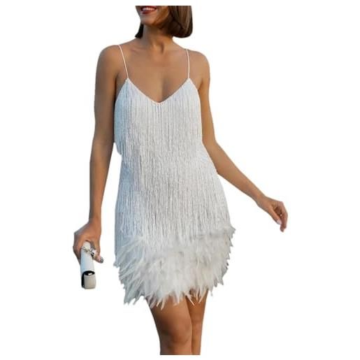 Generic abito corto da donna con spalline sottili senza maniche con scollo a v e nappe piume, per discoteca, bianco, s