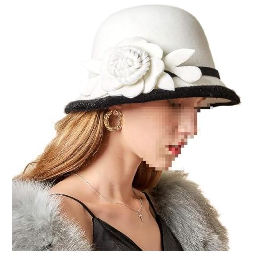 Suncadmious cappello cloche da donna 1920 inverno secchio cappello vintage chiesa elegante fiore (bianco, taglia unica)