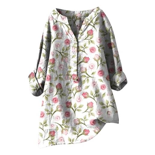 Generic lino 2024 top da donna a maniche lunghe abbottonato camicie estive in garza ricamata primavera oversize maglietta carina manica 3/4 comoda tunica casual western autunno grafica scollo a v cotone, 