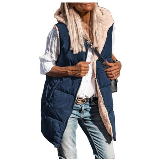 Suncadmious gilet reversibili autunnali da donna giacca in pile senza maniche con zip tasche con cappuccio cappotto invernale lungo e caldo capispalla (blu, m)