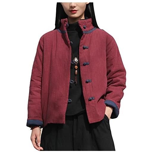 GUOCU donne autunno inverno cinese tradizionale contrasto di colore giacca di lino cappotto corto tang suit giubbotto capispalla imbottito e ispessito caldo antivento manica lunga taglie forti rosso m