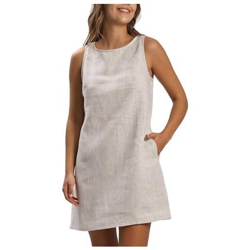 Amazhiyu abito in lino da donna, estivo, in puro lino, casual, senza maniche, girocollo, con tasche, s-xl, lino. , m