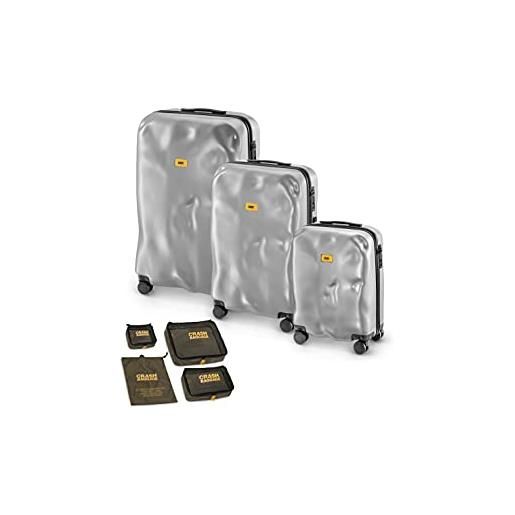 CRASH BAGGAGE - icon set e easy life kit, combo di 3 trolley da viaggio, cabin, medium, large e organizer valigia, colore silver e green