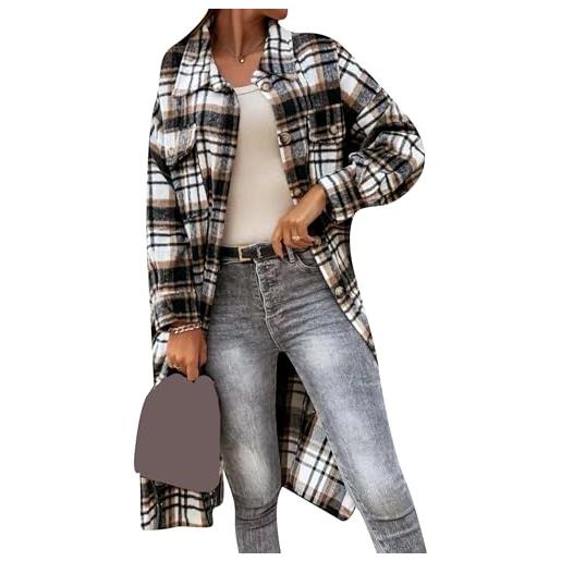 YMING donne polo collar baggy plaid giacca lunga open front casual trendy casual giacca morbida caffè m