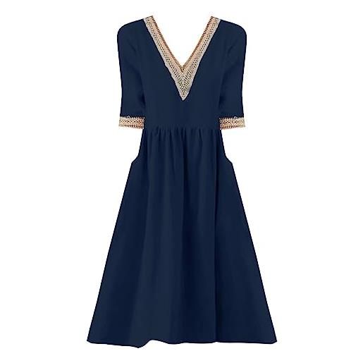 Generico abito estivo da donna con scollo a v a mezza manica in cotone e lino vestiti tubino (navy, xxl)