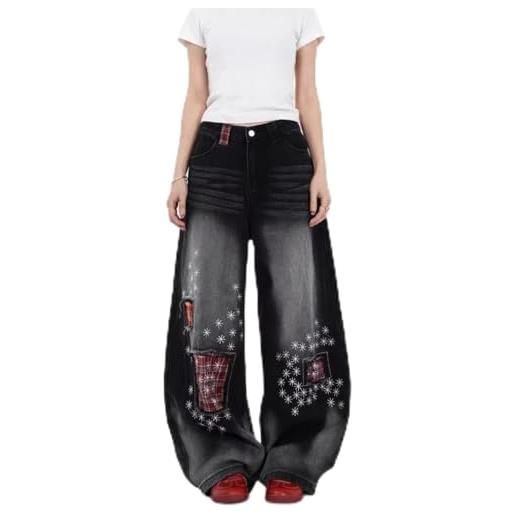 Vagbalena pantaloni a gamba larga larghi vintage alla moda da donna pantaloni elasticizzati asimmetrici con cuciture scozzesi design a contrasto di colori jeans a gamba larga larghi (nero, xl)
