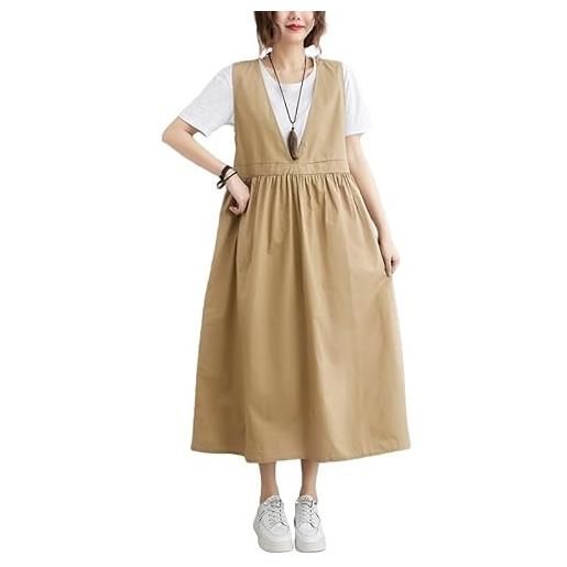 LIUYUYOUGO abito donna vestiti midi scamiciati per donna cotone scollo a v senza maniche canotta alla moda vita stretta salopette a trapezio gonne estate casual ampio midi abito con tasca cachi xs