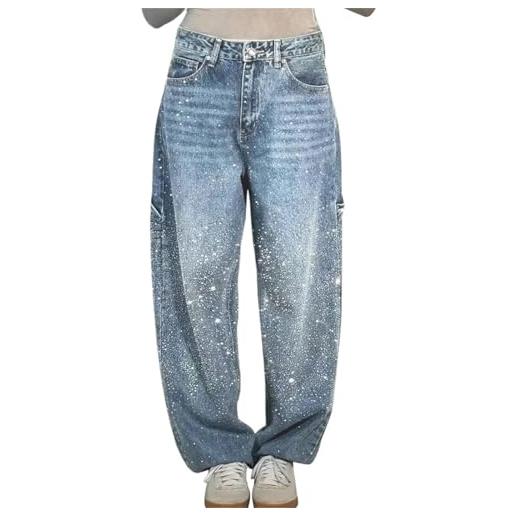 Agiyenna jeans elasticizzati da donna flare eleganti pantaloni larghi unicolori jeans da tempo libero comodi con tasche pantaloni con strass alla moda vita alta con bottone