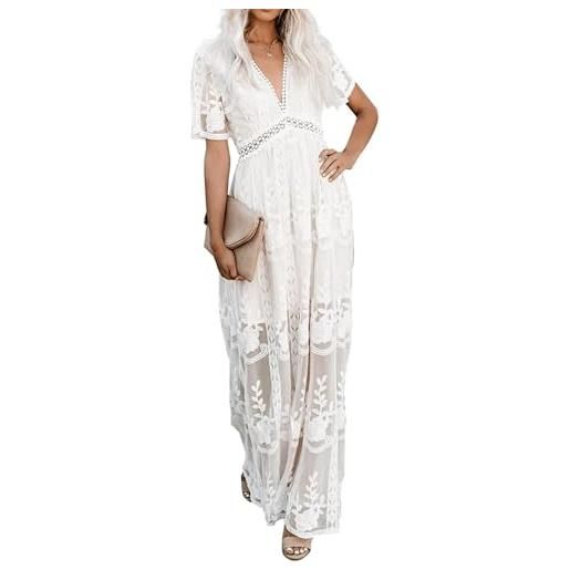 FM2018XSL donna elegante pizzo fiori abito lungo estate maniche corte bohemia