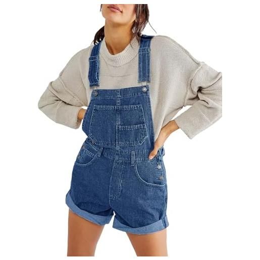 Vanchenl pantaloni da donna casual in denim, con spalline regolabili, con pettorina, blu scuro, l