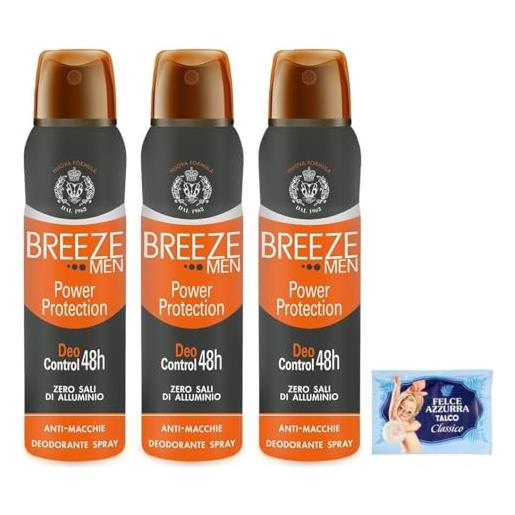 Felce Azzurra 3x breeze deodorante spray man power protection, zero macchie sulla pelle, 0% sali di alluminio 150ml + 1 busta di talco Felce Azzurra in omaggio da 100g