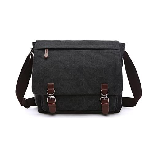 FANDARE retrò borse tracolla tela borse a spalla uomo borsello borsa a tracolla adatto per laptop da 12,9 pollici per scuola università business viaggio lavoro borsa a spalla borse e messenger nero