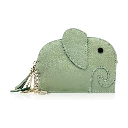 KyeeaDIY portamonete e portachiavi con zip, portafoglio pelle carini elefante piccoli portafogli per monete per ragazze (verde)