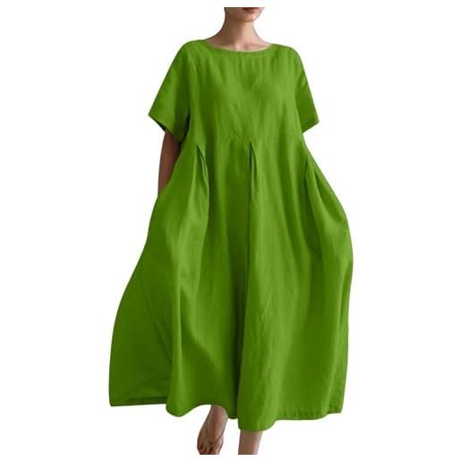 Generic maxi vestito estivo da donna, in cotone, tinta unita, con tasche, abito estivo con maniche, rosa acceso, 5xl