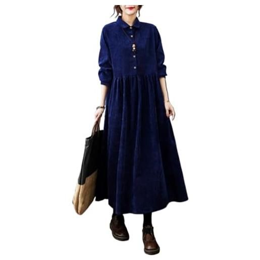 Suncadmious vestiti da donna in velluto a coste tinta unita larghi primaverili autunnali e invernali con bottoni camicia lunga gonna a pieghe a trapezio maniche lunghe bavero midi (marina, xl)