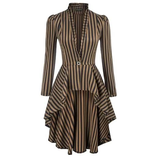 Hecatombic da donna steampunk vittoriano classico lungo stand collare giacca a righe halloween gotico elegante casual alto basso orlo partito giacca (kaki, s)