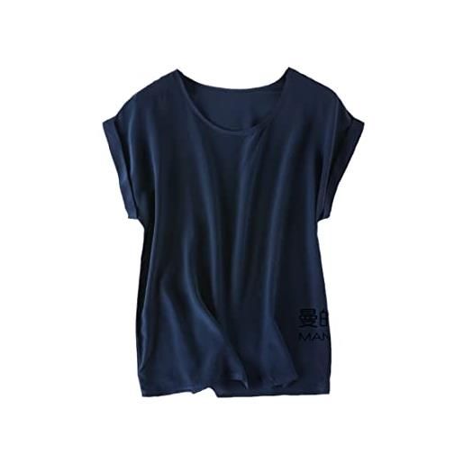 Generic 100% seta t-shirt allentato tipo top camicetta girocollo mezza maniche orlatura camicia, marina militare, xl