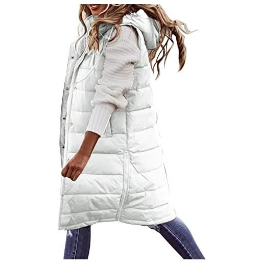 Generic cappotto lungo da donna invernale gilet con cappuccio senza maniche cappotto allentato in caldo piumino con tasche gilet trapuntato piumino cappotto trapuntato per cappotto lungo elegante bianco