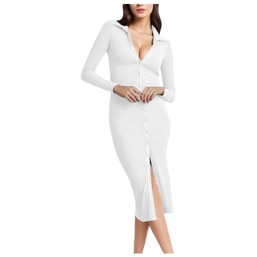 KBOPLEMQ abito a maglia da donna, con scollo a v, sexy, a maniche lunghe, con bottoni, per feste, maxi abito da cocktail, abito da ballo, abito da sera in cotone, o bianco. , s