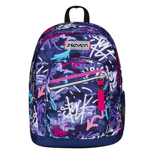 Seven zaino doppio scomparto new fit, graffiti. Mix, viola, tasca porta borraccia, maxi capienza, schienale preformato, zaino scuola e viaggio, bambini e ragazzi