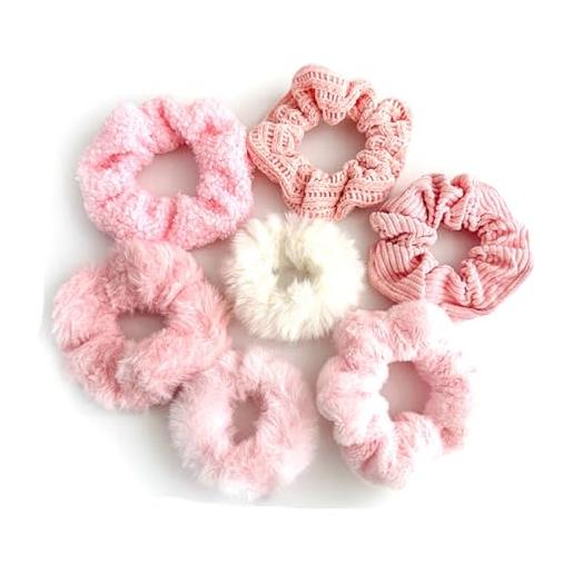 Wisafory set di 7 elastici per capelli, in peluche, per capelli, per donne, ragazze, colore rosa