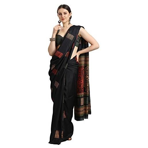EthnicJunction misto seta donna stampato sari con blusa pezzo, nero mezzanotte, 5.5m