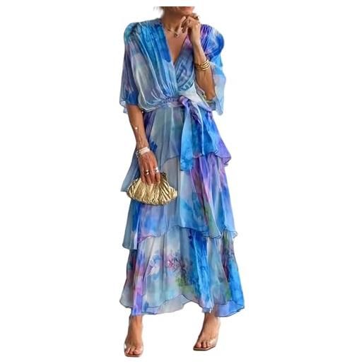 Generisch commencu dresses - abito da donna elegante in chiffon con volant, mezza manica, blu, 3xl