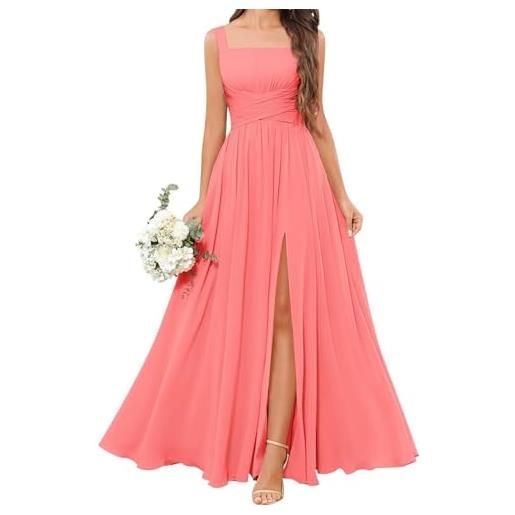 HPPEE abito da damigella d'onore in chiffon da donna con spacco, plissettato, linea a, abito da sera formale, corallo, 62 più