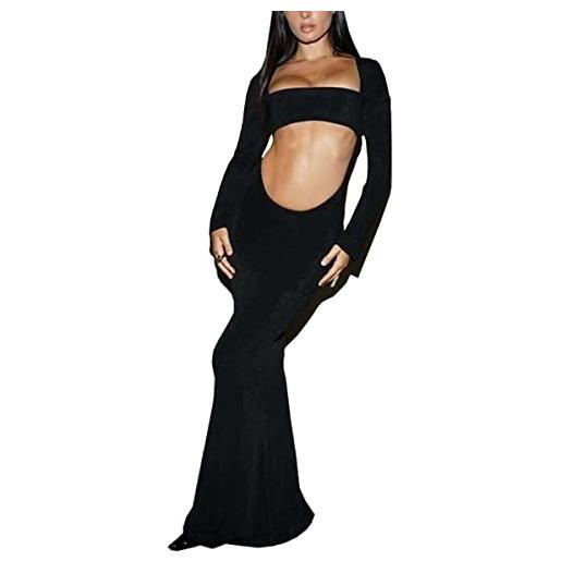 KLLPNW maxi abito da donna sexy a maniche lunghe con scollo quadrato senza schienale, nero, s