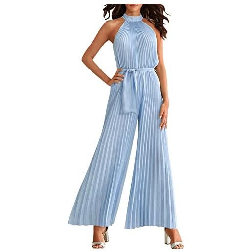 Kayferli tuta estiva da donna, casual, con scollo solido, senza maniche, plissettata, con bottoni, azzurro, s