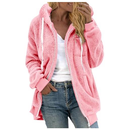 Generico pail donna felpa lunga donna giacca montagna maglione con cappuccio tinta unita da taglie forti in caldo pile di lana con cerniera. Felpa pile zip giacca pink l