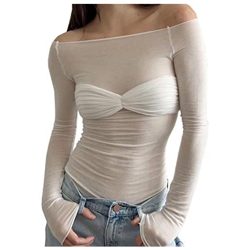 Ejoyous maglia da donna a maniche lunghe in rete, top trasparente chiaro, camicetta slim fit elegante, top tunica con spalle scoperte, top t-shirt (m)