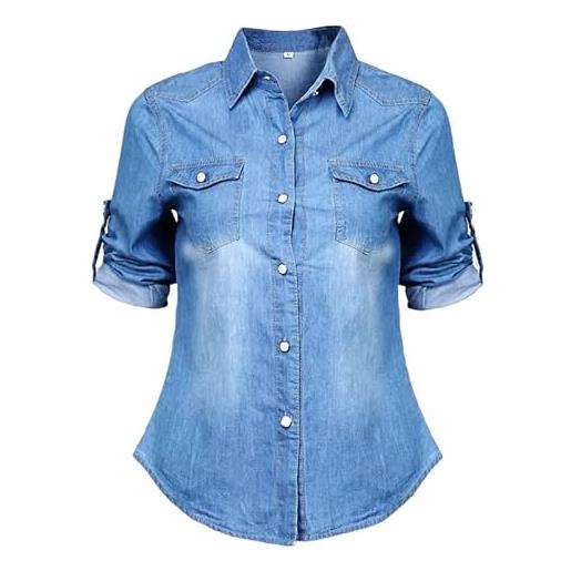 YONGHONGKEJI magliette camicia in denim da donna manica lunga bottoni automatici camicette moda lavata jeans leggero giacche cappotto casual lavoro primavera estate top azzurro s