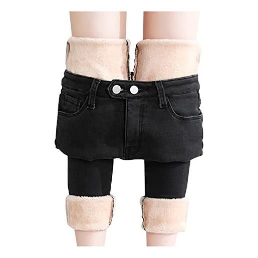IQYU jeans da donna, elasticizzati, a vita alta, invernali, invernali, imbottiti, in pile, elasticizzati, in denim, aderenti, slim fit, pantaloni termici, nero , 38