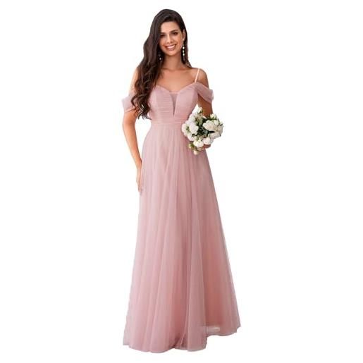 Ever-Pretty abito cerimonia donna lunghi elegante tulle a maniche corta abito da sera scollo a v vestito damigialle rosa 38