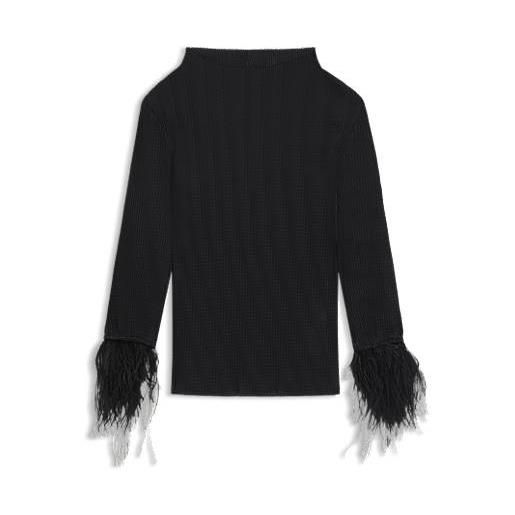 BOSS blusa in jacquard plissé con guarnizioni rimovibili in piuma sui polsini, nero