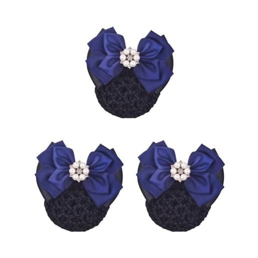 Geardeangloow set di 3 coperture per chignon da donna, con perle e strass, con fiocco in raso, accessori per lo styling per infermiere, blu