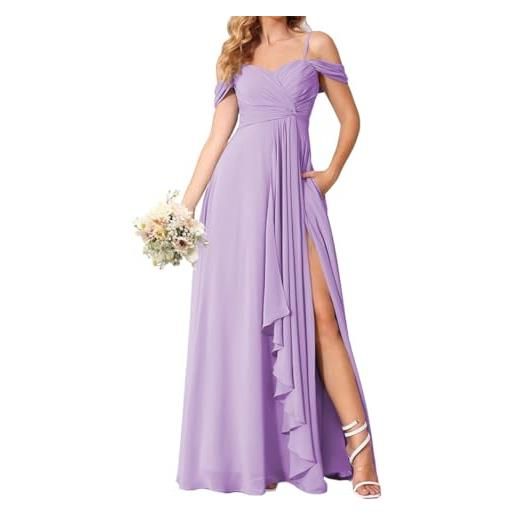 HPPEE abito da damigella d'onore da donna in chiffon con scollo a v, con spacco, pieghettato, lungo, formale, con tasche, lilla, 44